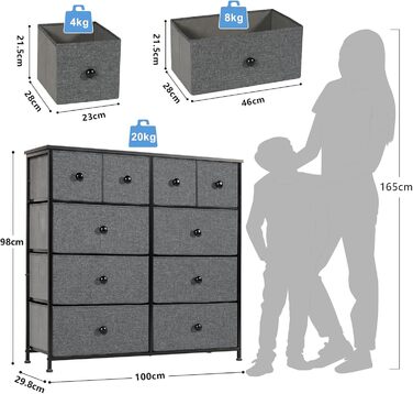 Комод з 10 тканинними шухлядами, органайзерні меблі для кухні/офісу/передпокою, тумба під телевізор (сірий Великобританія)