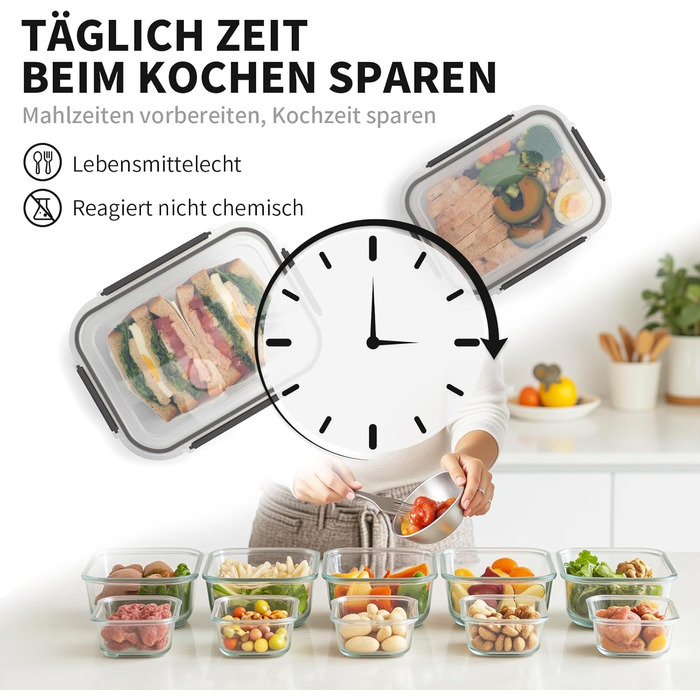 Набір контейнерів для зберігання продуктів FE1537-чорний (20 шт.): контейнери + кришки, миюча посуду, для мікрохвильовки та морозильника, герметичні