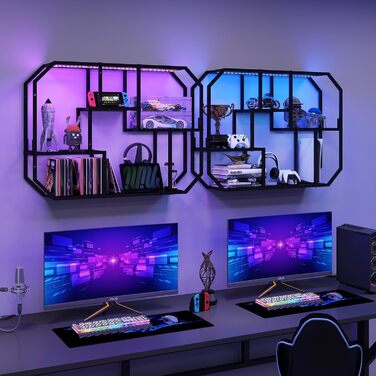 Підвісні полиці YU YUSING з RGB підсвічуванням 7 кольорів, геймерські полиці з 8 гачками, полиці для демонстрації, настінна вітрина з 2 скляними полицями, підвісна вітрина для спальні, кухні, бару, ігрової кімнати, шестигранна (чорний колір)