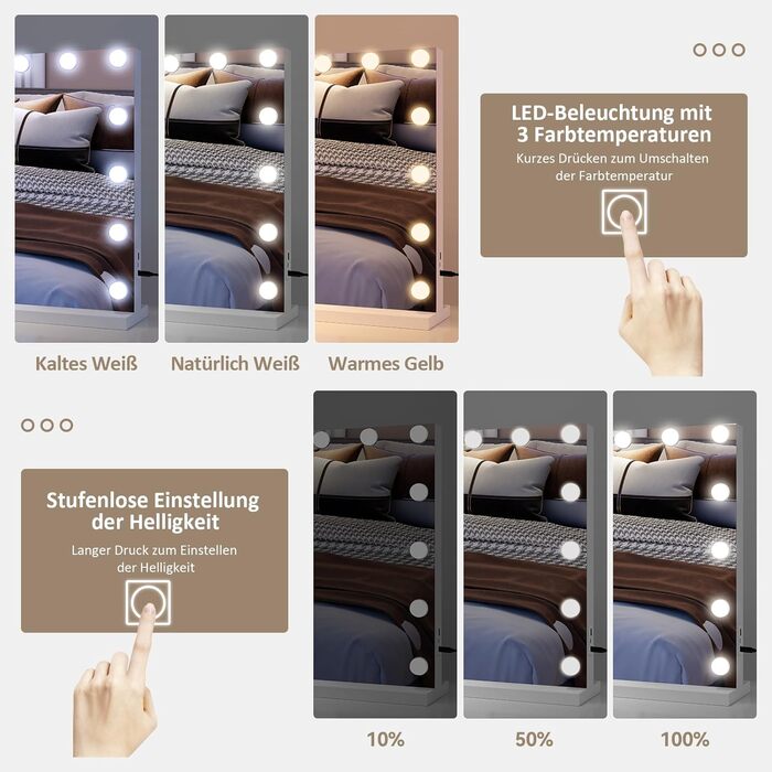 Дзеркало для макіяжу YU YUSING з підсвічуванням 58x45 см, 15 LED, 3 кольори, 10x збільшення, USB Type-C, для ванної кімнати та туалетного столика