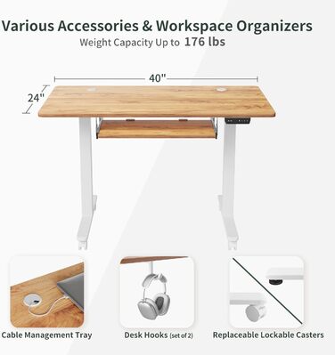 Електричний письмовий стіл, регульований по висоті, лоток для клавіатури, сталеві ніжки, управління з пам'яттю, захист від зіткнення, коліщатка, білий (1 шухляда, 100 світло-коричневий)