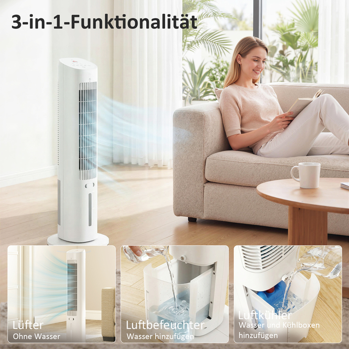 Портативний 3-в-1 вежіподібний охолоджувач повітря з резервуаром для води 3 літри, 3 швидкості та 3 режими, білий