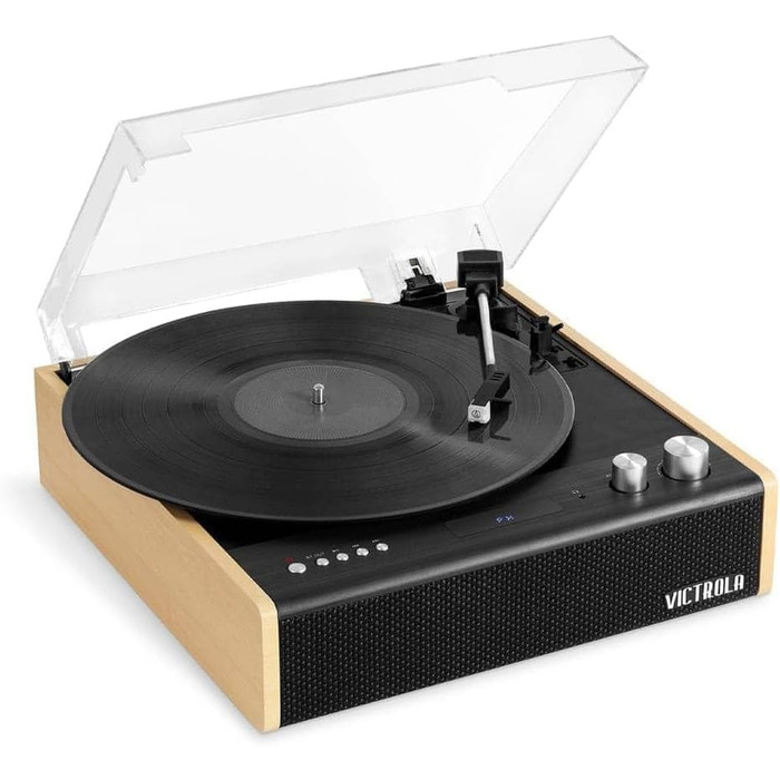 Вініловий програвач Victrola з Bluetooth 5.1, вбудованими динаміками, технологією Vinyl-Stream, ретро-дизайном, трьома швидкостями та головкою Audio Technica AT-3600LA, бамбук