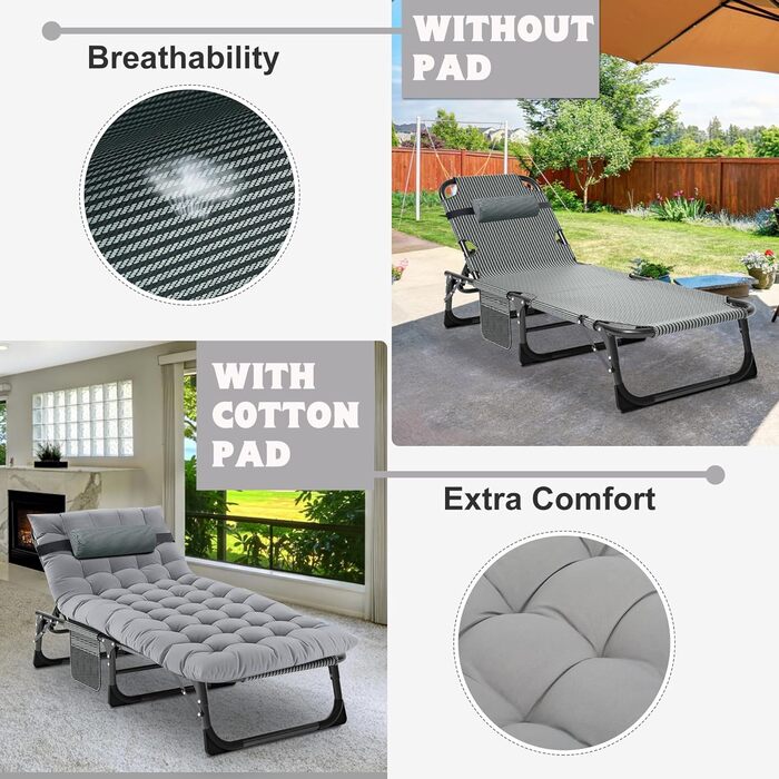 Сонячне ліжко MOPHOTO, складане для саду з матрацом, регульована спинка та підніжка, портативне, для дому та вулиці, складна (зелене дитяче ліжко, сірий килимок)