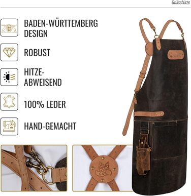 Фартух з натуральної шкіри буйвола, чорний: для гриля, барбекю, приготування їжі та кухні. Вінтажний стиль.