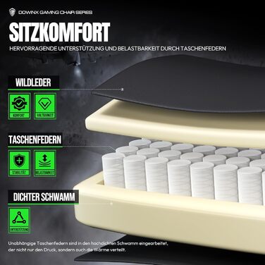 Ігровий крісло Dowinx з підігрівом, масажем, підтримкою попереку, кишеньковим пружинним сидінням та підставкою для ніг. Зелений колір.