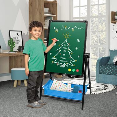 Дитяча мольберт Kinderstaffelei, двосторонній, складний, регульований по висоті, з місцем для зберігання, 360° обертання, мольберт та дошка для малювання з набором літер та цифр, для хлопчиків та дівчаток (Чорний)