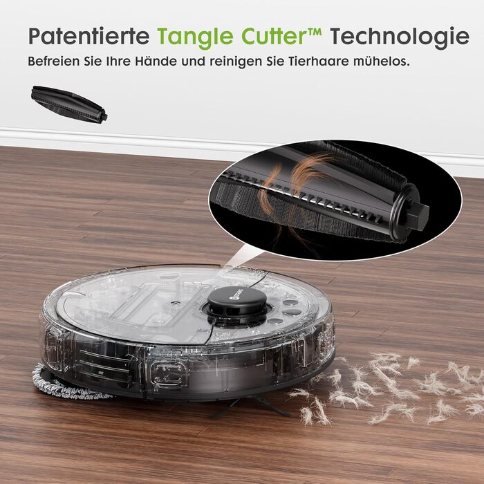 Робот-пилосос з функцією миття, автоматичне спорожнення (75 днів), потужність 8500Pa, зрізач для шерсті тварин, лазерна іграшка для котів, лазерна навігація, знімне м'яке прибирання, робот-пилосос для твердих поверхонь, килимів та шерсті тварин, чорний