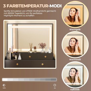 Трюмо COMHOMA з підсвічуванням, дзеркалом та прихованою LED-смугою, зі стільцем та 5 висувними ящиками, з розеткою, 3 колірні температури та регульована яскравість, білий (чорний)