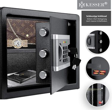 Електронний сейф KESSER® | 38x30x30 см | Вбудована батарея | Сейф з цифровим замком | 3-х рівнева замикаюча система | Настінний/підлоговий сейф | Сейф для дому | Внутрішнє освітлення | Чорний |