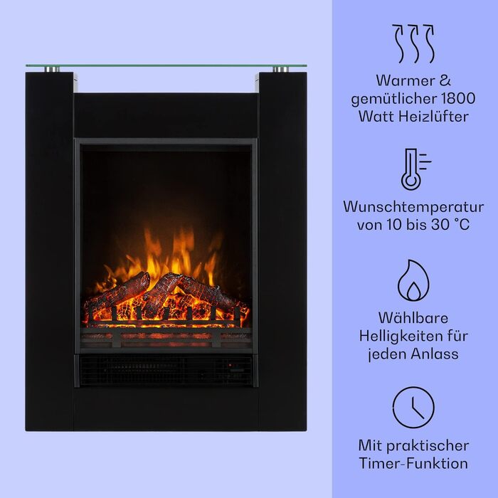 Електрокамін Klarstein 1800 Вт, електрообігрівач для вітальні, з LED-імітацією полум'я, вільностоячий, з таймером, регульований термостат, білий (чорний)