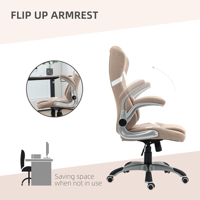 Крісло офісне Vinsetto ергономічне з регульованими підлокітниками та підголівником, з підтримкою попереку, регульоване по висоті, з функцією гойдання та текстильною оббивкою, світло-коричневе