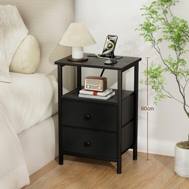 Нічний столик AMHANCIBLE з підзарядкою, приліжний столик з висувними ящиками з тканини, журнальний столик з відкритою полицею, з 2 USB-портами та 2 розетками, для спальні та вітальні, HETS020GY-1 (Чорний)