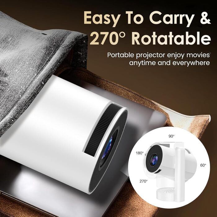 Портативний проєктор Mini Beamer 4K/1080p з Wi-Fi 6, Bluetooth 5.4, Android 13.0. Короткий фокус, поворот 270°, авто-корекція трапецеїдальних спотворень. Підтримка HDMI, TV Stick, Laptop, Memory Stick