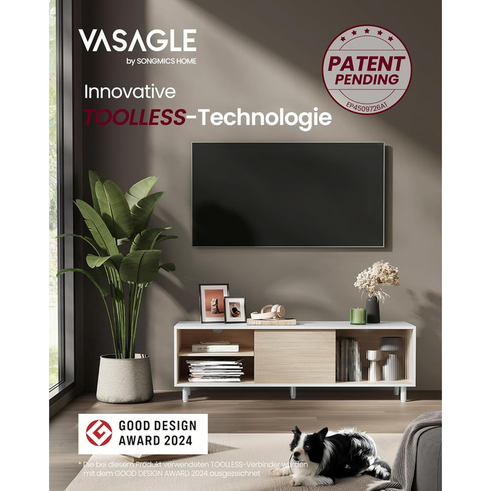Тумба під телевізор VASAGLE з інструментом-free технологією, для телевізорів до 60 дюймів, для вітальні, з рифленим склом, 140 x 39 x 45 см, кольори: білий + бежевий