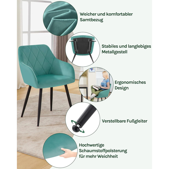 Набір обідніх стільців Woltu з підлокітниками та спинкою, для вітальні, кухні, їдальні. М'які стільці з оксамитовим покриттям, металеві ніжки, (Турквіс, 8 шт.)