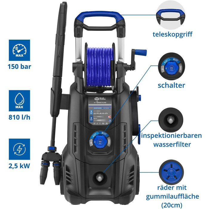 AR Blue Clean високонапірний мийник e-4 TWINFLOW D з Dualtech System та Power Brush (2500 Вт, 150 бар, 810 л/год) + мийка для поверхні 150 бар
