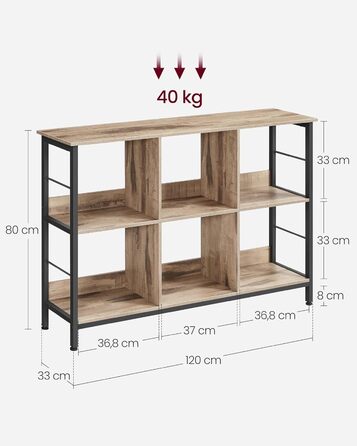 Полиця VASAGLE, 2 рівня, 6 відділень, 33x120x80 см, вінтажний коричнево-чорний, для вітальні, спальні, кухні