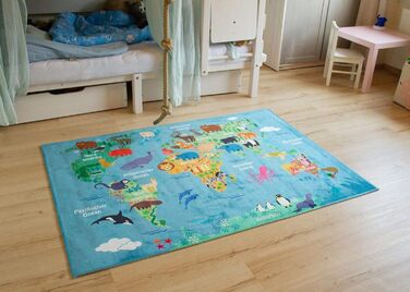 Карта світу дитячого килима Steffensmeier без забруднення Ігровий килимок для дівчаток і хлопчиків в синьому кольорі, розмір 100х160 см