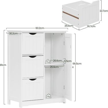 Тумба для ванної кімнати, 3 ящики, 1 регульована полиця, біла, 60x830 см