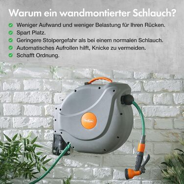 Шланговий барабан VonHaus 30м з автозмотуванням, поворотний на 180°, 8 функцій, пістолет для поливу