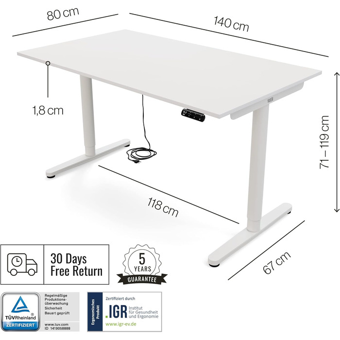 Дитяча парта Yaasa Desk Basic S, регульована по висоті, 120x70 см, вкл. ключовий замок, USB-порт для зарядки, парта, що росте разом з дитиною (біла, 140x80 см)