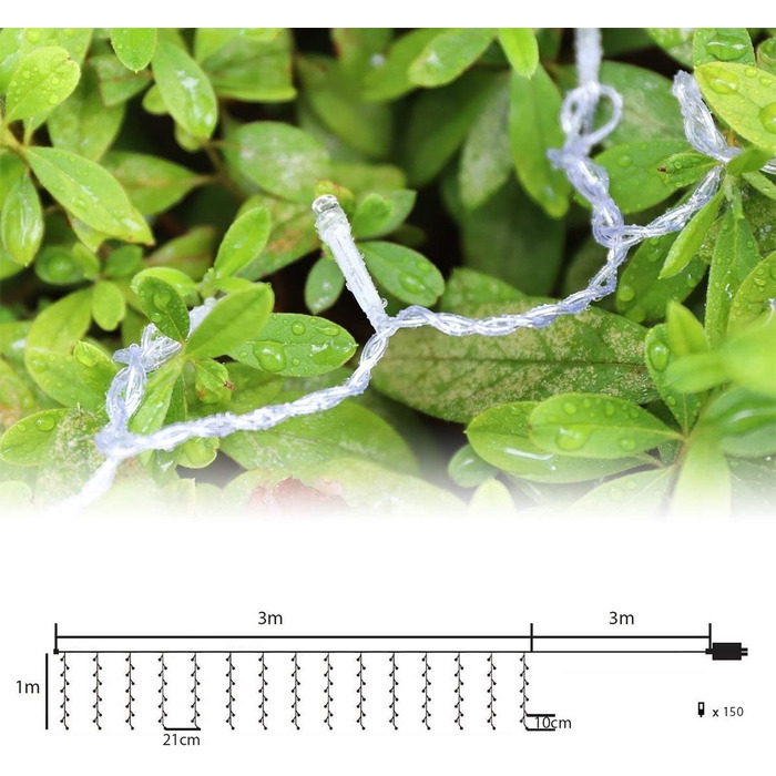 Крижана дощова штора 3x1м, 150 світлодіодів, 9 режимів, пам'ять, теплий білий, для вулиці/внутрішнього Різдва