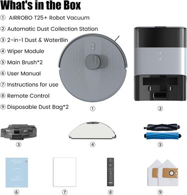Робот-пилосос AIRROBO T25+ з вологою, LiDAR, 5500Pa, 240 хв, APP-керування, для тварин, сірий