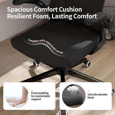 Офісний крісло Monhey з регулюванням висоти, поворотне, з відкидними підлокітниками, дихаюча сітка, регульована підголовник та інтелектуальна підтримка попереку – для дому та офісу (чорний)