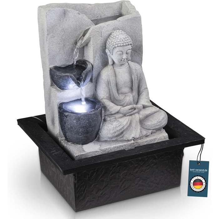 Декоративний фонтан Будда з підсвічуванням – кімнатний фонтан, сірий, 4 ступені