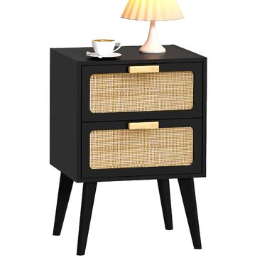 Журнальний столик з ротангу, чорний колір, з 2 висувними ящиками, стиль бохо, для вітальні та спальні