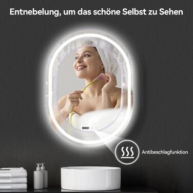 Дзеркало для ванної кімнати YOURLITE з підсвічуванням, кругле, 60 см, LED, 3 кольори, диммування, сенсорне управління, антизапар, пам'ять, IP44, овальне