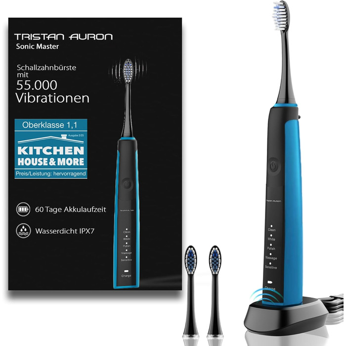 Електрична зубна щітка Tristan Auron SonicMaster (Блакитна) - 6 голів, акумулятор 60 днів, 5 режимів, 55000 VPM, таймер 2 хв, з чохлом