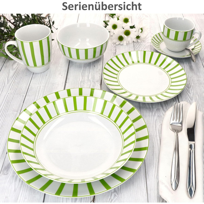 MamboCat Комплект посуду для кави та сніданку 18 предметів, зелений, для 6 осіб | Кавовий сервіз з порцеляни з смужками, 6 чашок 200мл, 6 підставок, 6 тарілок