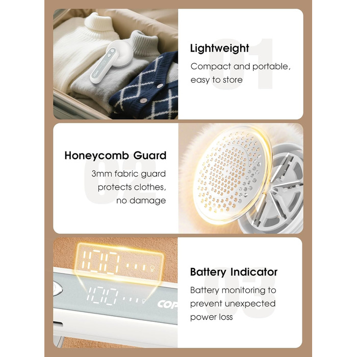 Електричний видальник ворсу 6-лезовий, перезаряджається, з індикатором заряду, для одягу, білий