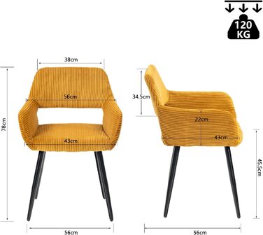 Крісла для їдальні та кухні Cosy - 2 шт. М'які крісла з підлокітниками, жовті, 56x56x78 см