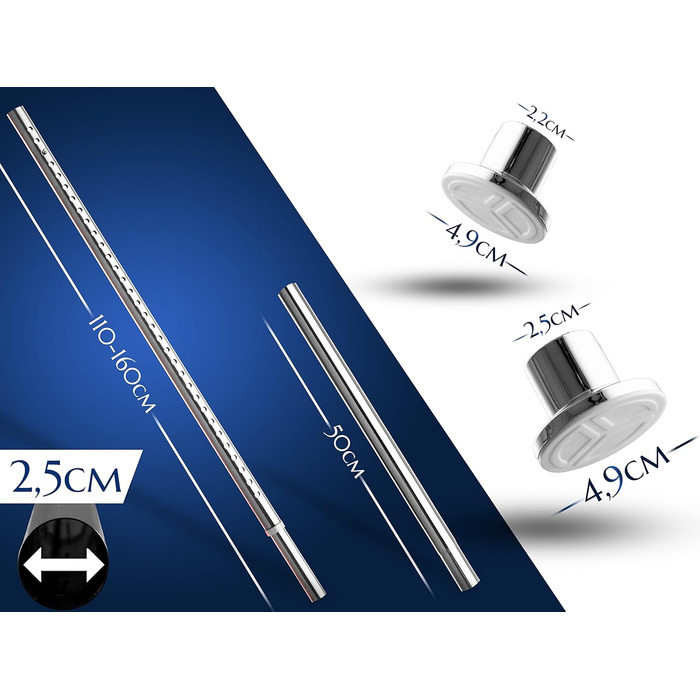 Штанга для душу без свердління 160-210 см, срібна, Ø 25 мм, телескопічна, з кріпленнями. Підходить для ванної, душової кабіни та перегородки. Нержавіюча сталь.
