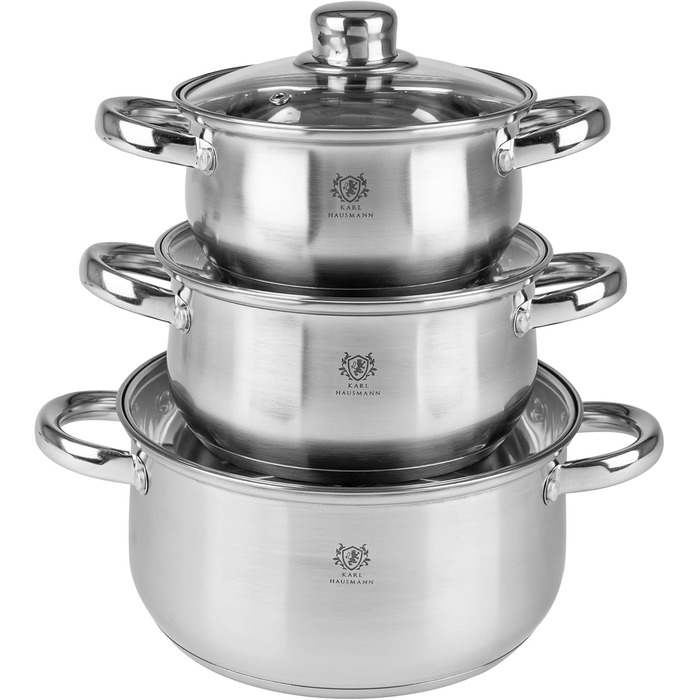 Набір каструль Karl Hausmann з нержавіючої сталі (індукційні) 3 шт. - для всіх типів плит - з кришкою з термостійкого скла - з мірною шкалою