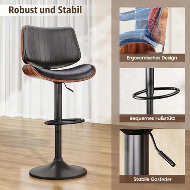 Набір з 2 барних стільців GIKPAL з дерев'яною спинкою та шкіряним сидінням, обертаються, чорний