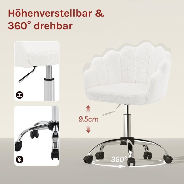 Крісло WOLTU для офісу та дому, крісло до туалетного столика з м'якою спинкою у вигляді пелюсток, поворотне з колесами, регульоване по висоті, для робочого кабінету, спальні, (кремово-білий, кашеміровий матеріал)