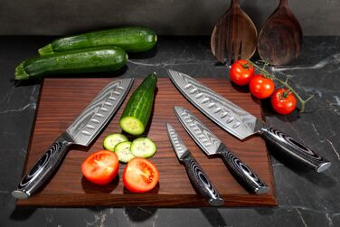 Набір кухонних ножів Wolfblood PRO Damaststahl XL (4 ножі) з нержавіючої сталі Дамаск, 33/31/23/19 см, з сертифікацією TÜV, 62 HRC, з дерев'яною ручкою, подарункова коробка та захист леза