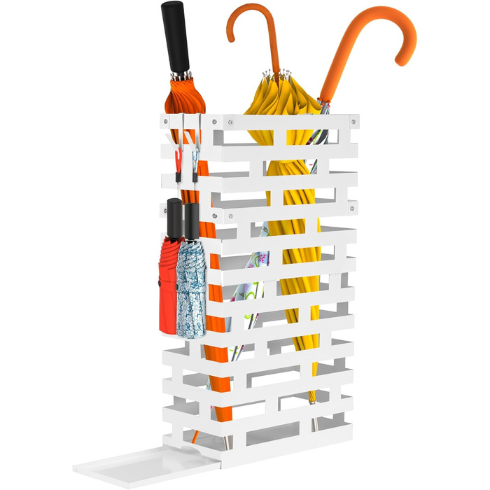 Металевий підставка для парасольки біла, велика з водовідвідною ванною та гачками, 58,4 см - для дому, офісу, готелю