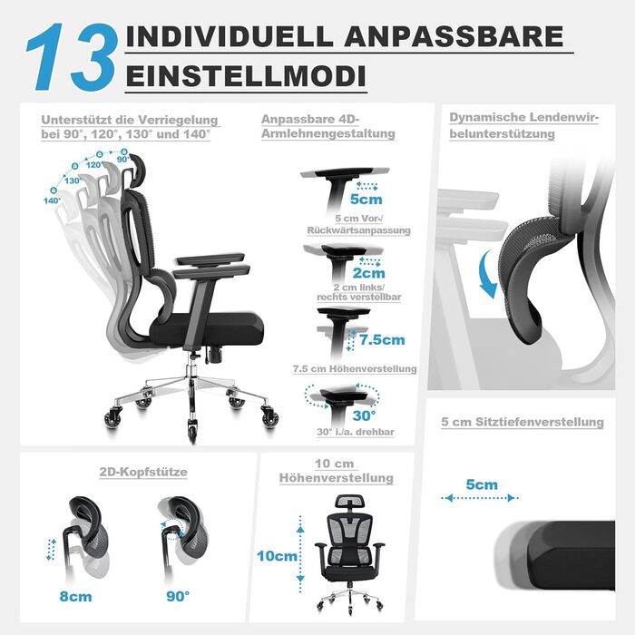 Ергономічне крісло для офісу та дому, 200 кг, чорний колір, з регульованою глибиною сидіння, 4D підлокітники, підтримка попереку, для тривалого сидіння, з пінопластовим наповнювачем