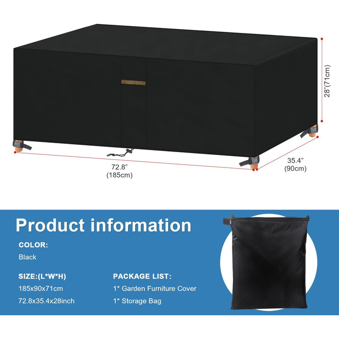 Накладна для садово-патіо меблів VANSHEIM, водонепроникна, 60x60x60 см / 185x90x71 см, захисна накривка для столу та групи сидіння
