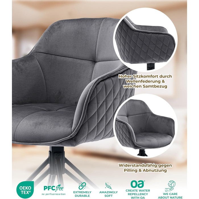 Обідні стільці 2 шт. сірого кольору з пружинним блоком - поворотні, з оксамитовим покриттям - високий рівень комфорту - в ретро-стилі, проста збірка - без ПВХ, сертифіковані Oeko-TEX, з доставкою по Україні