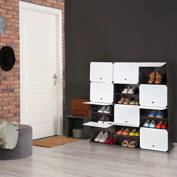 Тумба для взуття Relaxdays, 24 відділення, модульна, пластик і метал, 125x125x32 см, чорно-біла