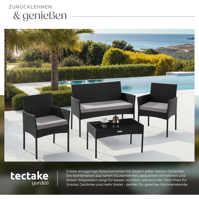 Набір садово-розплідницьких меблів tectake® з ротангу: банкетка, 2 крісла, столик, подушки, чорний колір. Меблі для балкона, тераси, саду.