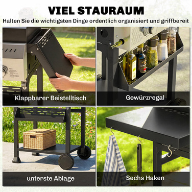 Газовий гриль 9 кВт, 3 пальники, нержавіюча сталь, з візком, відкидним бічним столиком, тримачем для спецій, нижньою полицею та 6 гачками