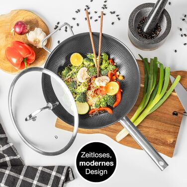 Вафельниця Moritz & Moritz з нержавіючої сталі 30 см з керамічним покриттям нового покоління - підходить для всіх типів плит - антипригарний вок з вафельною структурою для смаження, тушкування та варіння (з кришкою)