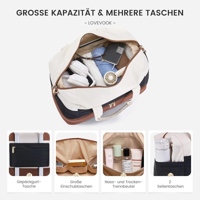 Сумка-мішок LOVEVOOK для подорожей, 52x38x25 см (50 л), з відділенням для взуття та косметичкою, бежево-оливковий колір